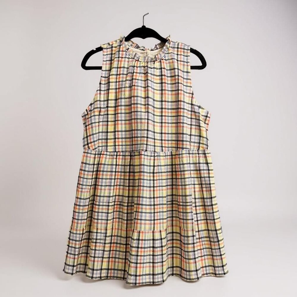 Loft‎ Sleeveless Pastel Plaid Tiered Dress With Ruffle Neckline L